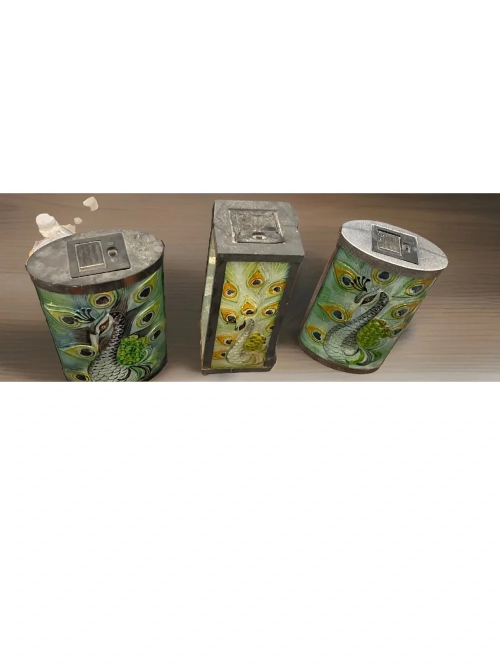 Set Of 3 peacock-patterned, stained-glass solar lanterns